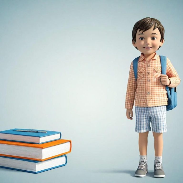 Un garçon souriant en tenue décontractée avec un sac à dos, près de trois livres colorés.