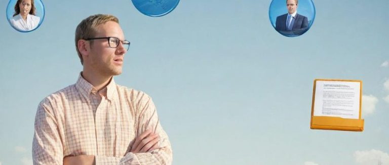 Homme pensif devant une ville avec des portraits et un dossier flottants.