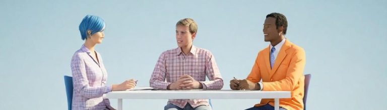 Trois personnes en réunion autour d'une table sur un sol désertique.