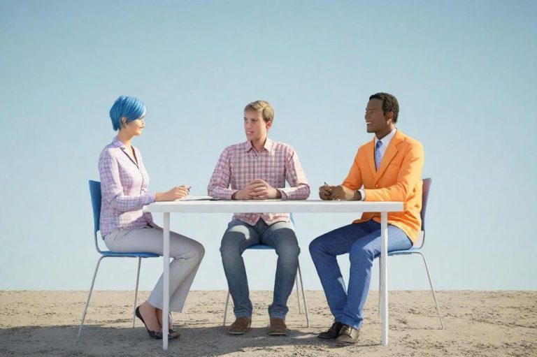 Trois personnes discutent à une table en extérieur, avec un ciel clair en arrière-plan.