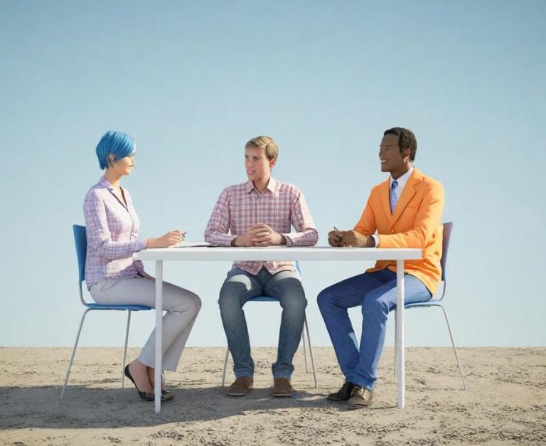 Trois personnes assises à une table dans un environnement désertique.