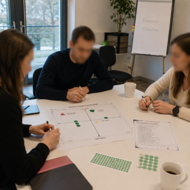 Trois personnes travaillent autour d'une table, discutant et prenant des notes.