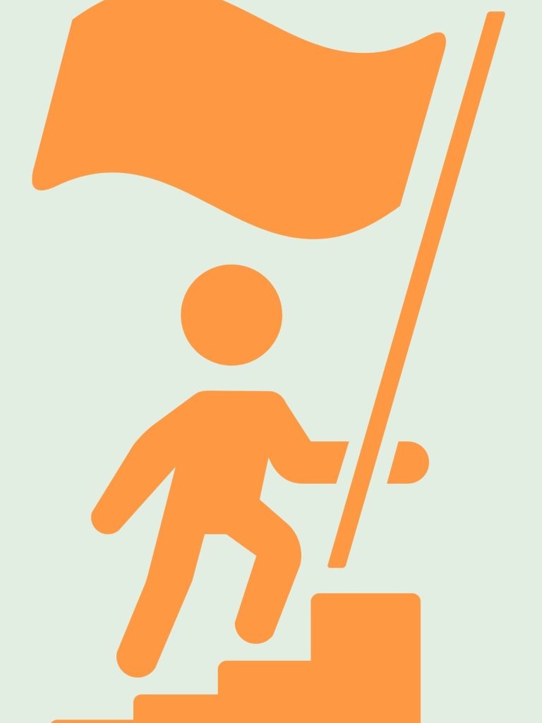 Un personnage stylisé montant des escaliers avec un drapeau.