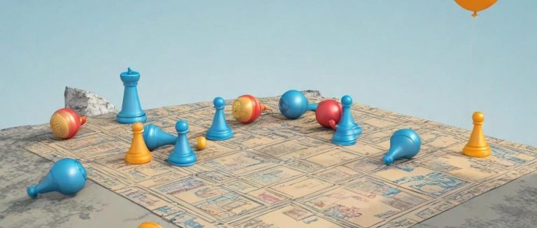 Plateau de jeu avec pions colorés sur une surface herbeuse, un ballon flottant au-dessus.