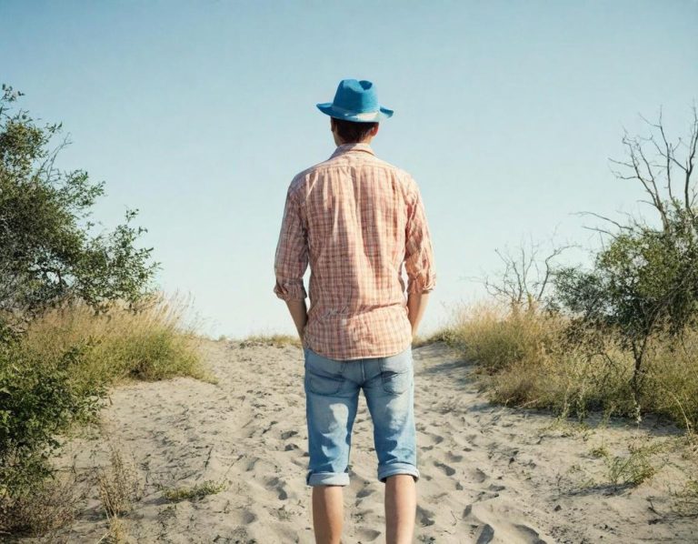 Homme de dos portant un chapeau bleu, marchant sur un chemin de sable.