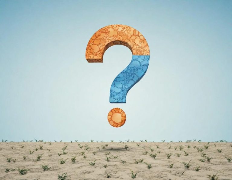 Un grand point d'interrogation coloré sur un sol désertique sous un ciel clair.