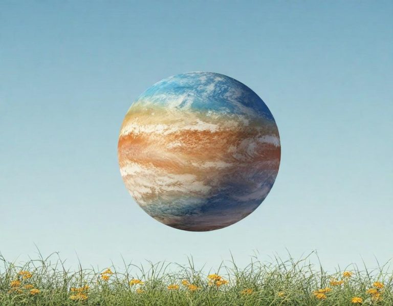 Planète flottante au-dessus d'un champ de fleurs, ciel clair en arrière-plan.