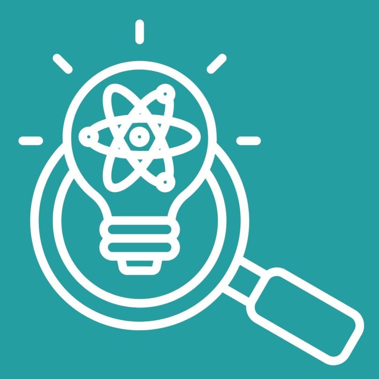 Ampoule avec un symbole d'atome, sur fond turquoise, représentant l'innovation scientifique.