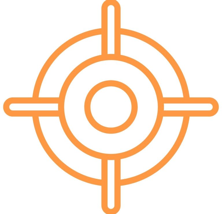 Cible stylisée avec un centre circulaire et des repères en orange.