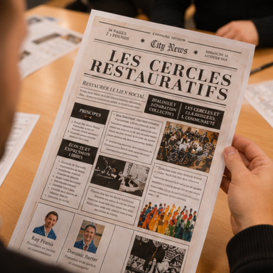 Une personne lit un journal intitulé "Les Cercles Restauration".