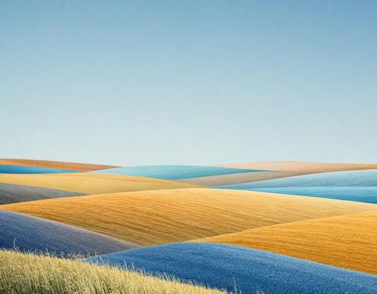 Champs ondulés aux couleurs dorées et bleues sous un ciel clair.
