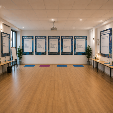 Salle de yoga avec tapis colorés et affiches pédagogiques sur les murs.