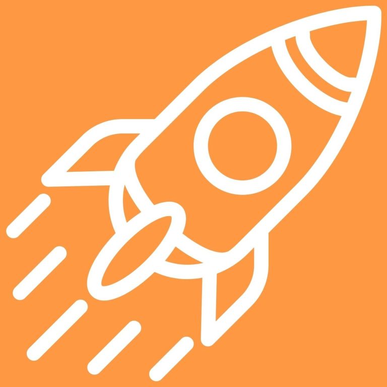Fusée stylisée blanche sur fond orange, représentant le lancement et l'innovation.
