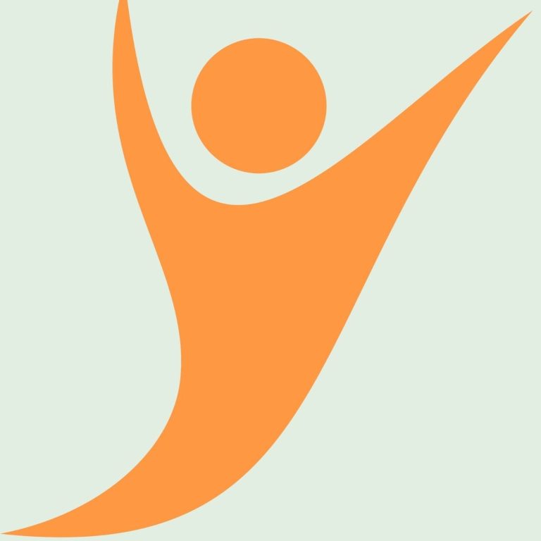 Silhouette d'une personne levant les bras, stylisée en orange sur fond clair.