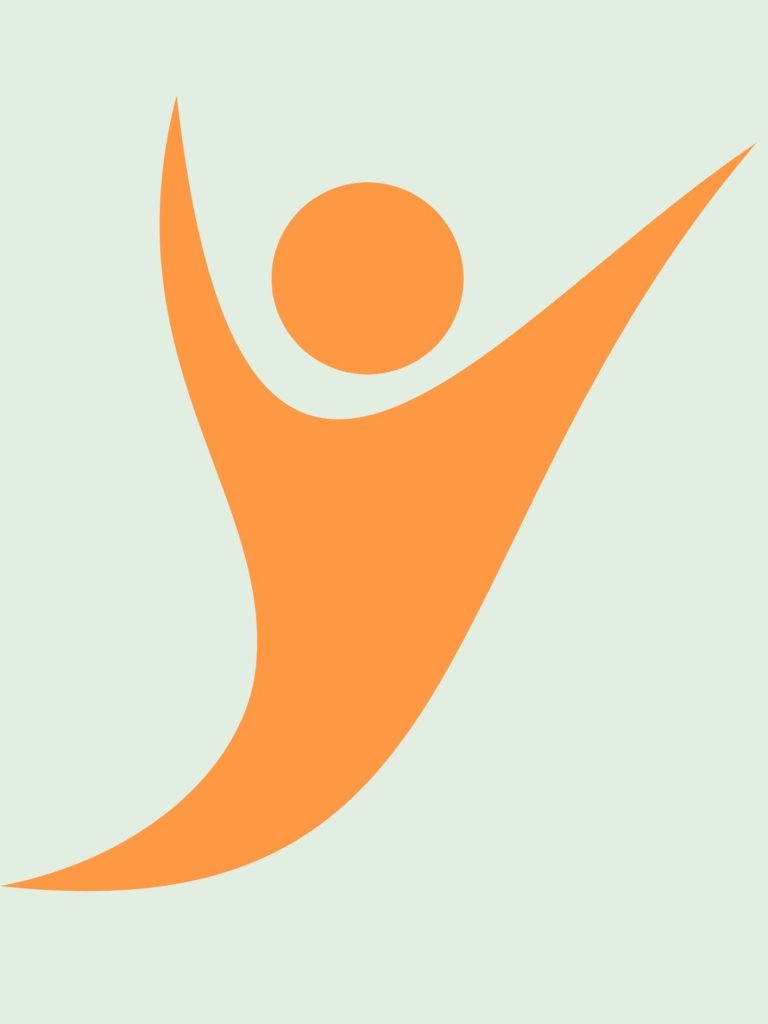 Silhouette d'une personne levant les bras, stylisée en orange sur fond clair.