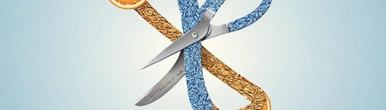 Une paire de ciseaux se découpe sur un fond bleu clair avec un ruban à mesurer enroulé.