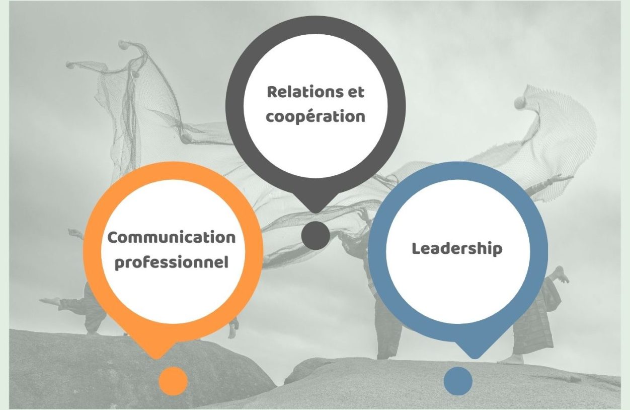 Trois bulles de texte : Communication professionnelle, Leadership, Relations et coopération.