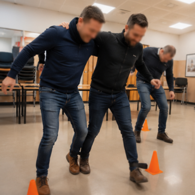 Trois hommes marchent ensemble en équilibre sur une ligne de cônes orange.