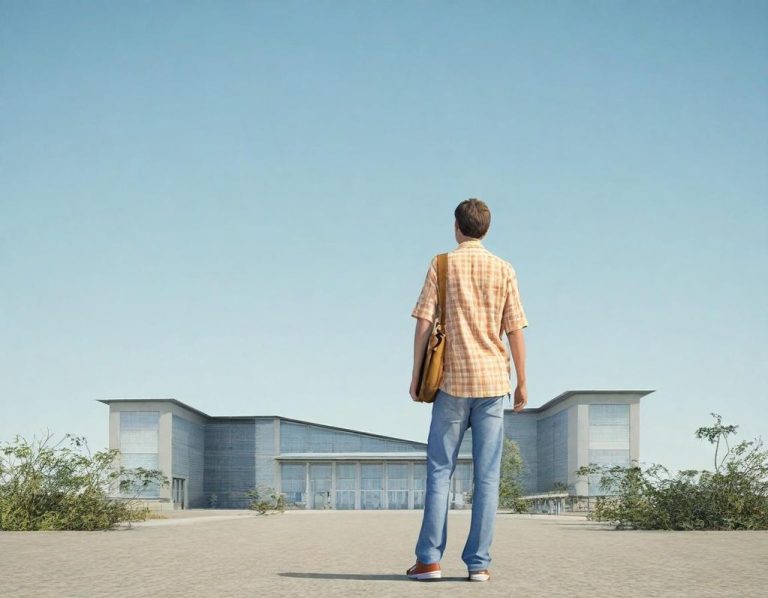 Homme debout face à un bâtiment moderne sous un ciel dégagé.