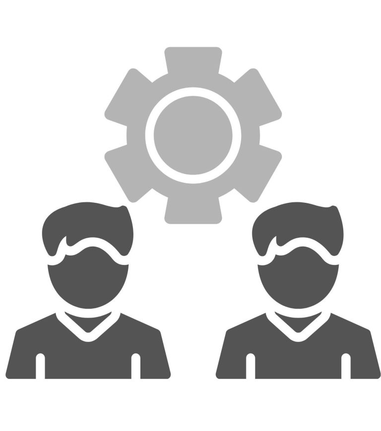 Deux personnes stylisées avec une roue dentée en arrière-plan.