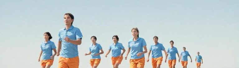 Groupe de coureurs en t-shirts bleus et shorts orange courant sur un chemin dégagé.