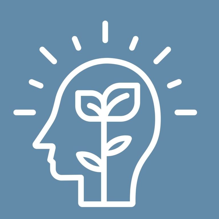 Silhouette d'une tête humaine avec une plante poussant à l'intérieur sur fond bleu.