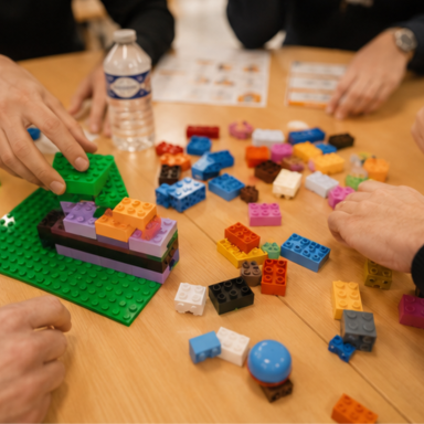 Des mains assemblent des blocs colorés sur une table, entourés de quelques feuilles et une bouteille d'eau.