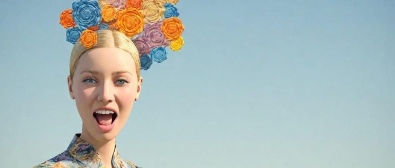 Femme avec une coiffure florale colorée, souriante sous un ciel bleu.