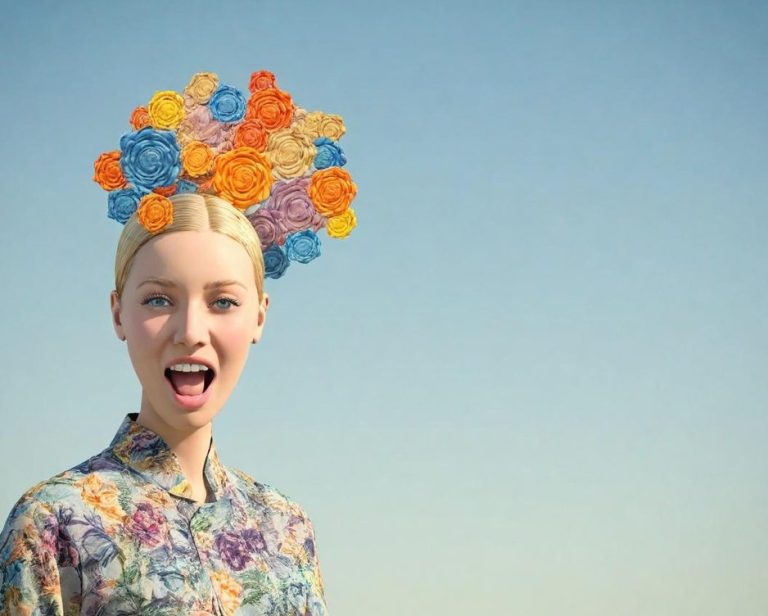 Femme souriante avec une coiffure colorée ornée de fleurs sur fond bleu clair.