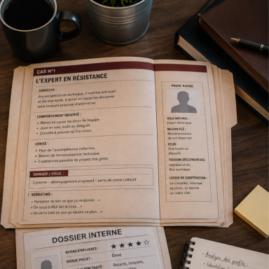 Cahier ouvert avec un CV, un dossier interne et une tasse de café sur un bureau.