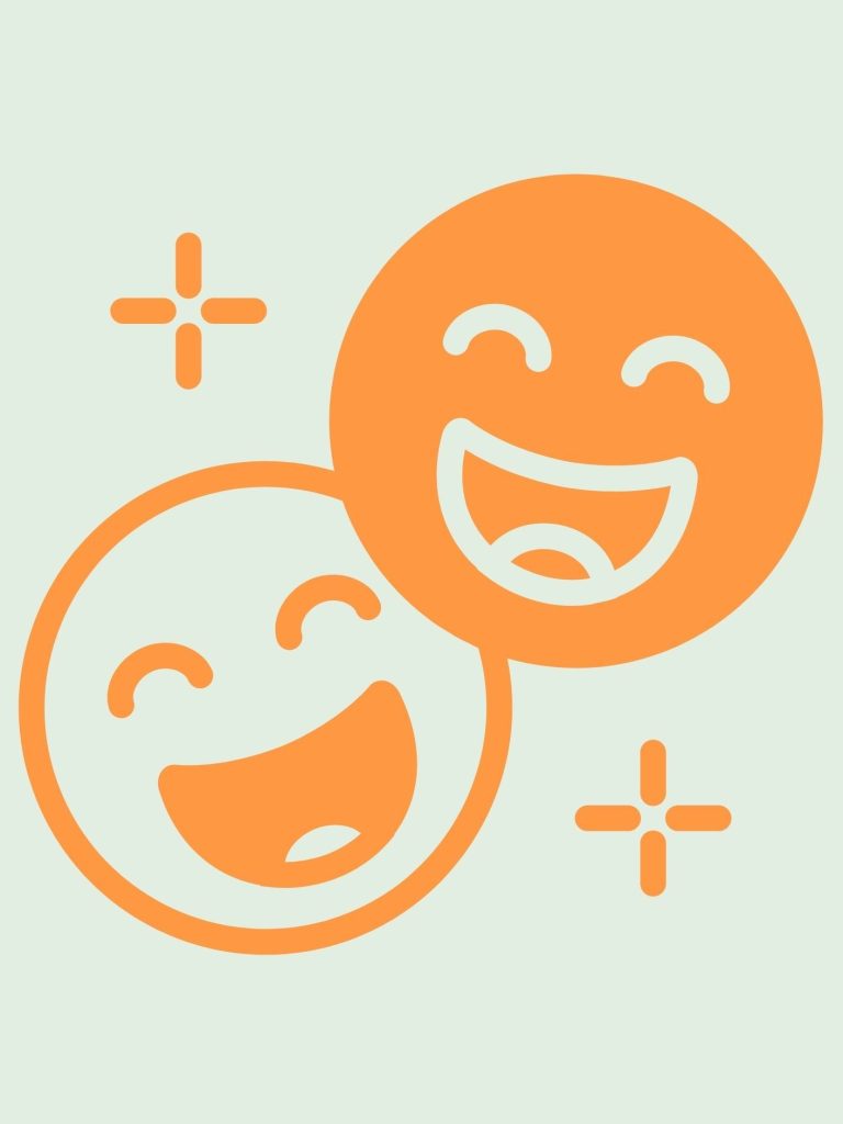 Deux visages souriants aux couleurs orange, entourés de petites étoiles.