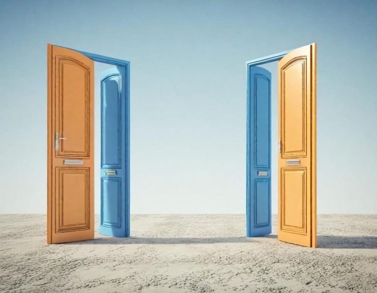 Deux portes ouvertes, une orange et une bleue, sur un sol désert.