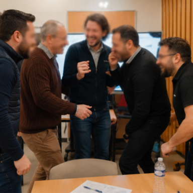 Cinq personnes souriantes en discussion animée autour d'une table.