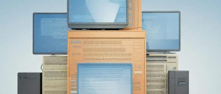 Ordinateurs empilés de différentes couleurs sur un fond clair.