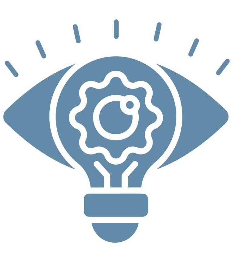 Ampoule stylisée avec un œil et un rouage, symbolisant l'innovation et la vision.