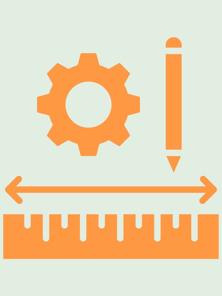 Icône représentant un outil de conception avec une règle, un crayon et un engrenage.